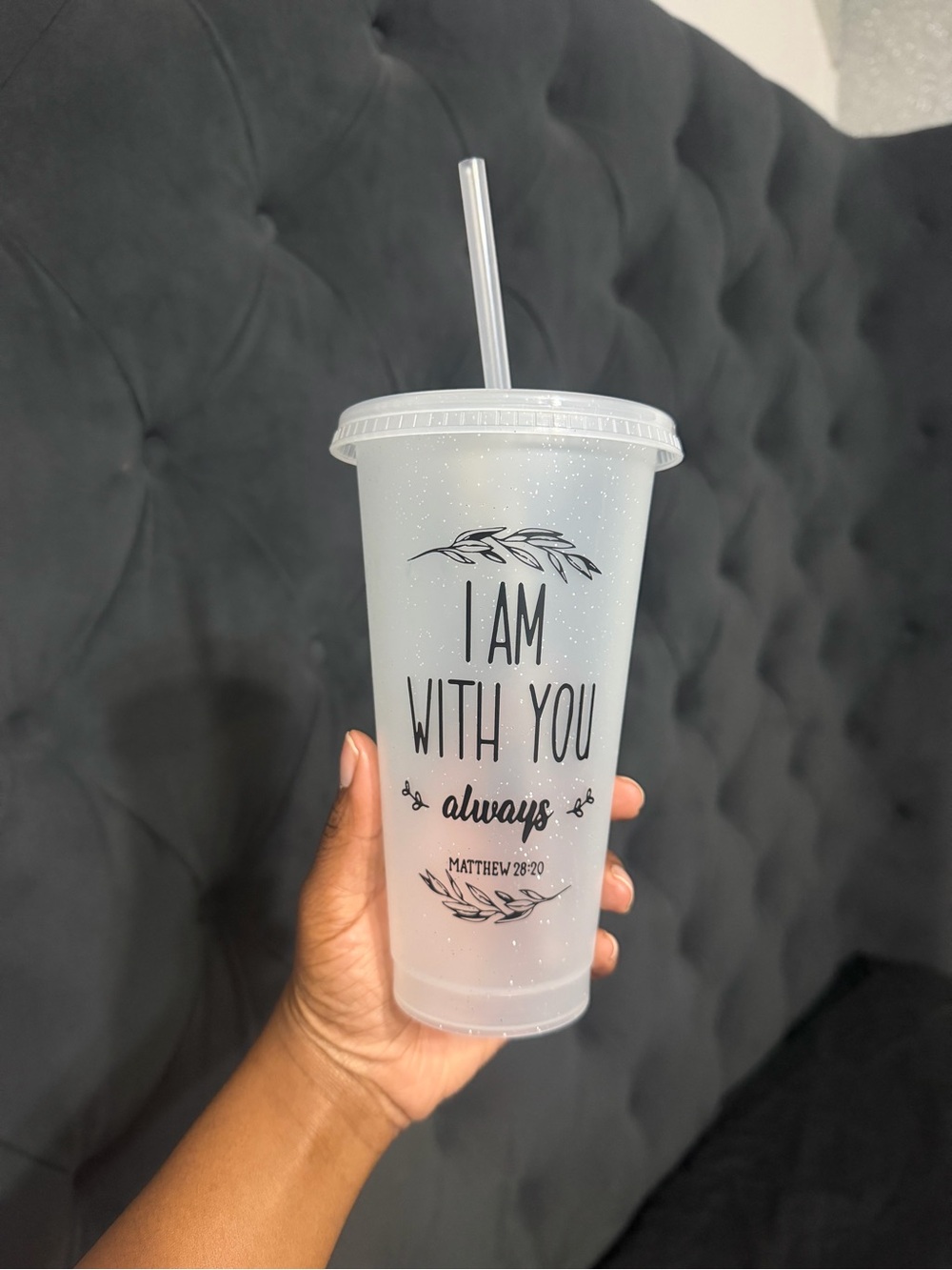 Inspirational 'I Am With You Always' White Glitter Travel Cup with Straw